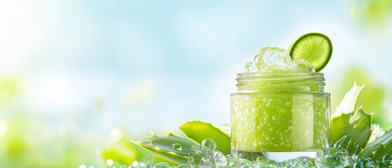 Wall Mural -  A jar, brimming with verdant green liquid, rests atop an emerald leaf-strewn terrain Nearby, a serene blue sky stretches above