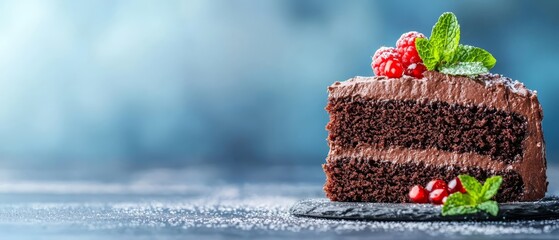 Wall Mural -  A plate holds a slice of chocolate cake, topped with chocolate frosting and adorned with raspberries A mint sprig graces the scene atop