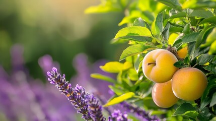 Poster -  Three apricots dangle from the tree, accompanied by lavender flowers in the foreground and green leaves behind