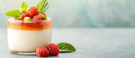 Wall Mural -  A glass of yogurt with red raspberries and mint leaves on a gray table against a blue backdrop