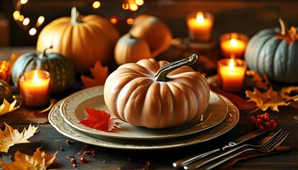 Canvas Print - Cozy Thanksgiving Celebration with Pumpkins and Autumn Leaves on Rustic Table Radiating Warm Light