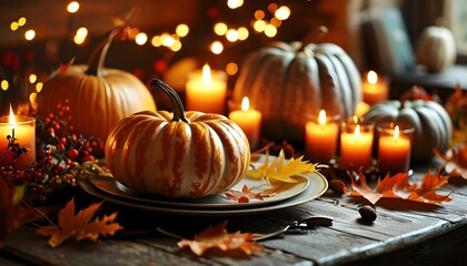 Cozy rustic Thanksgiving celebration featuring pumpkins and autumn leaves illuminated by warm light