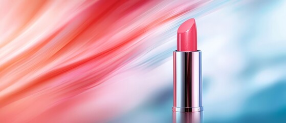 Wall Mural -  A tight shot of a red lipstick against a backdrop of blue and pink Background softly blurred with an indistinct image