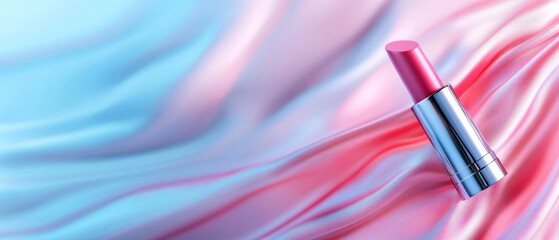 Canvas Print -  A detailed shot of a pink lipstick against a blue-pink backdrop The lipstick is slightly blurred, giving an abstract impression