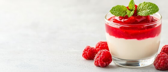 Poster -  A small glass of yogurt topped with raspberries and garnished with a mint sprig