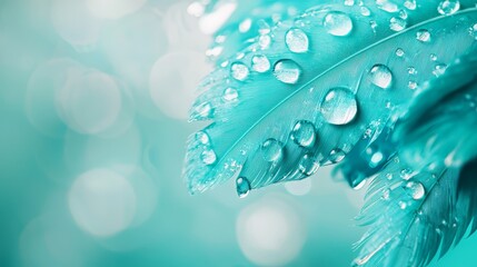 Wall Mural -  A tight shot of a single, azure feather, adorned with pearls of water Feathers occupy the foreground; background softly blurs