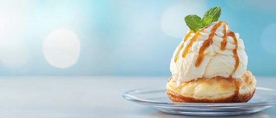 Wall Mural -  A mint-garnished ice cream sundae rests on a glass plate, tabletop