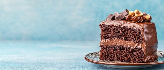 Wall Mural -  Chocolate cake with frosting on a blue tablecloth against a blue backdrop ..Or, for a more concise version:..