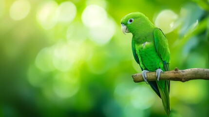 Wall Mural -  A green parrot perches atop a tree branch, before a verdant backdrop of blurred leaves