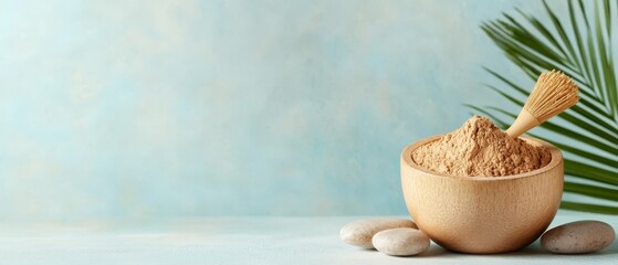 Wall Mural -  A blue backdrop features a wooden bowl with a whisk inside, nearby rocks, and a palm leaf