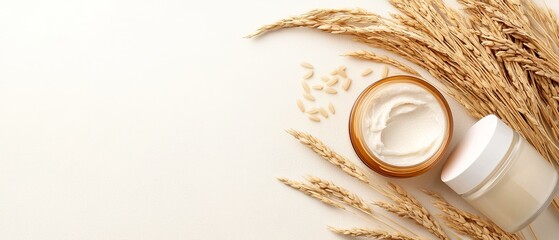 Wall Mural -  A jar of cream rests on a table, near a cluster of oat ears