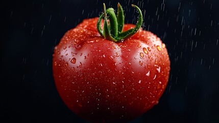 Wall Mural -  A tomato, closely framed against black backdrop, features water droplets at its summit and base