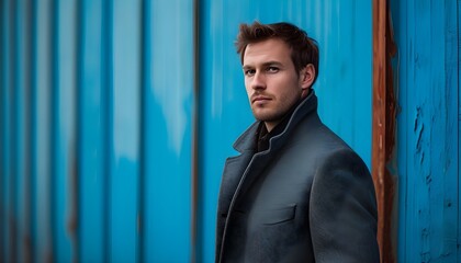 Stylish man in gray coat poses confidently against vibrant blue wall backdrop