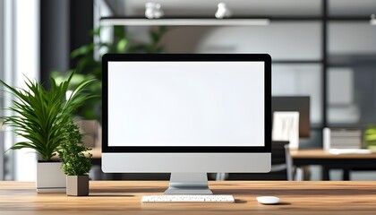 Wall Mural - Minimalist white computer monitor on table in modern office interior, ideal for mockup templates and business presentations