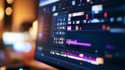 Poster - A detailed view of a computer monitor with a video editing timeline displays various clips organized for creative production. The workspace is dimly lit