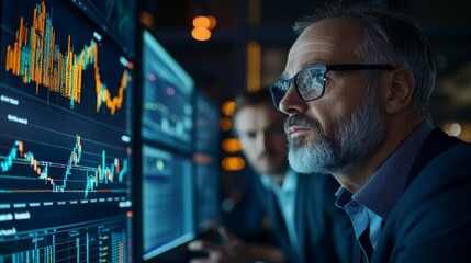 Poster - a group of analysts intensely reviews financial data on multiple screens while collaborating at a la