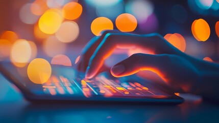 Poster - A person types intently on a tablet's keyboard, their hand illuminated by the gentle glow of ambient lights in a warm, inviting environment