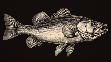 Detailed Line Drawing of a Fish - Black and White Illustration