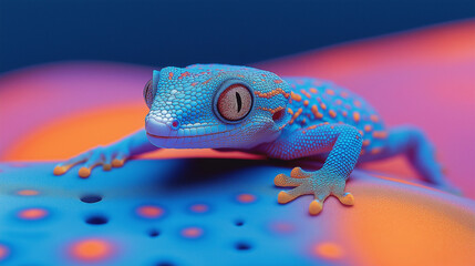 Bright blue and orange gecko on a smooth, abstract surface, set against a soft gradient background.