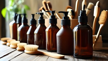 Wall Mural - Display of brown bottles and wooden brushes arranged artistically on a table