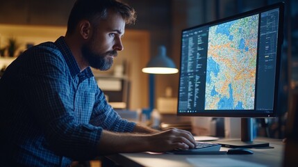 Poster - A man intently studies geographic data displayed on a large monitor while seated at his desk in a softly lit office, immersed in analysis during evening hours
