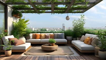 Wall Mural - Stylish rooftop garden terrace featuring cozy lounge furniture and lush potted plants