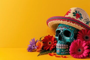 Mexico s Day of the Dead themed table featuring a painted human skull sombreros flowers and a yellow background with room for text