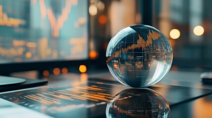 Aufkleber - A glass sphere rests on a sleek desk, capturing the reflection of intricate digital graphs and charts, representing data analysis and forecasting efforts in a contemporary office setting