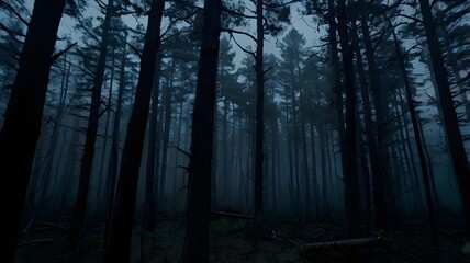  Dark spooky forest at night, covered in fog, with tall trees and a creepy atmosphere