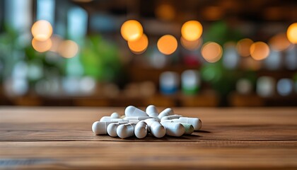 Wooden table adorned with pills against a backdrop of blurred lights, offering a clean and versatile space for design creativity