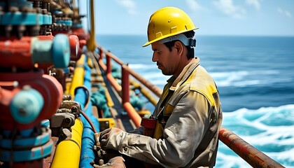 Oil and gas worker in yellow helmet operating on offshore platform amidst vast sea landscape