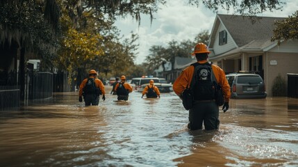 A team of disaster response workers walks through deep floodwaters in a residential area. Water reaches nearly waist-high as they assist local residents in a recovery effort