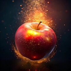 a magical red beautiful apple is falling, shrouded in gold dust on a black background