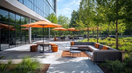 Poster - This outdoor office area features modern couches, tables, and vibrant umbrellas, providing a comfortable atmosphere for work and relaxation amid greenery