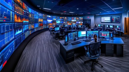 Poster - A network operations center filled with large screens displays live data charts and security alerts while personnel actively monitor the information to ensure system integrity