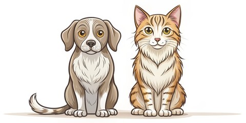 Digital Illustration of a Dog and a Cat Sitting Together, Digital Art, Pet Illustration, Pet Friendship, Dog Cat