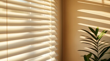 Poster - Sunlight filters through window blinds, casting soft shadows onto a beige wall while a lush green plant adds a touch of nature in this bright interior space