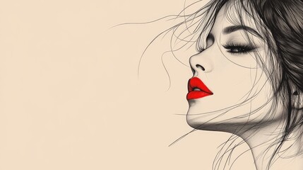 Wall Mural - Elegant Woman with Red Lips and Flowing Hair: Digital Art Portrait on Beige Background