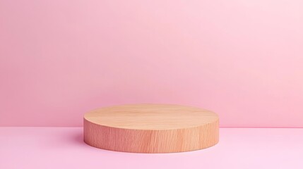 Poster - A round light wood podium is centered against a soft pastel background, creating an elegant and serene space perfect for product displays or artistic arrangements