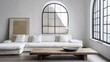 © Elmira - An old, distressed coffee table is placed next to a white sofa in a contemporary living area. Large arched windows allow soft natural light to illuminate the room
