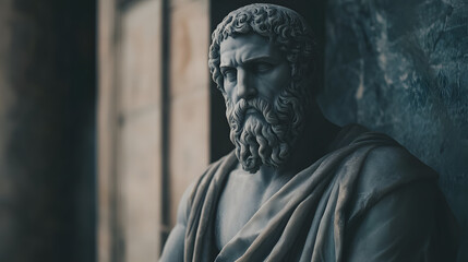  Greek sculpture of an old philosopher stoic man, roman god statue, concept background for stoicism