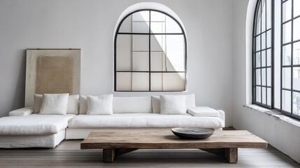 An old, distressed coffee table is placed next to a white sofa in a contemporary living area. Large arched windows allow soft natural light to illuminate the room