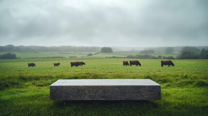 a smooth gray stone podium is set against a lush green field where cattle graze peacefully under an 