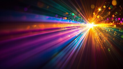 Poster - Vibrant beams of light emerge from a central point, casting a mesmerizing spectrum of colors against a stark black backdrop, creating an ethereal atmosphere