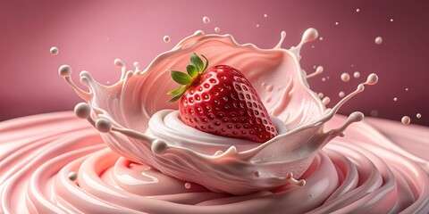 Poster - Strawberry Splash in Pink Yogurt, 3D Render, Food Photography, Yogurt Splash, Strawberry