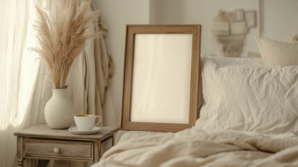 Poster - A bohemian-style bedroom with soft textures features a vertical wooden picture frame and a cozy arrangement of plants and decor. Natural light floods the space, enhancing its warmth