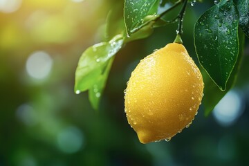 Wall Mural - A single ripe lemon hanging from a branch, covered in water droplets, with a blurred background of green leaves and sunshine.