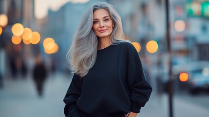 mature woman posing in plain sweatshirt, ideal for brand mockups. casual fashion template background.