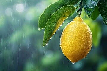 A single ripe lemon hangs on a branch in the rain, glistening with water droplets.  The soft green leaves are also wet with rain.