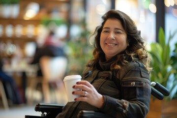 Wall Mural - A woman is shown sitting in her wheelchair, holding a cup of coffee and enjoying her morning